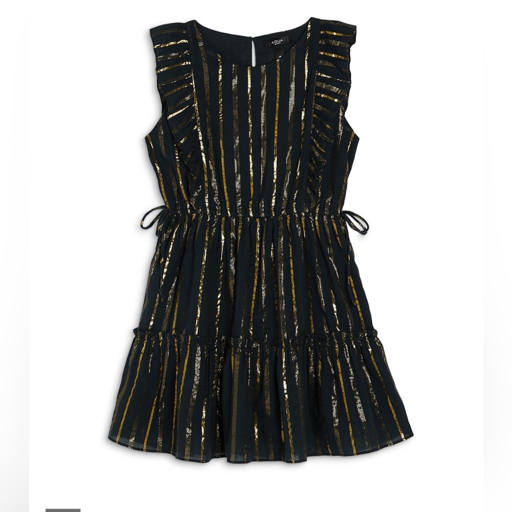 AQUA Big Kids Girls’ Metallic Black and Gold Striped Kids Dress Size M